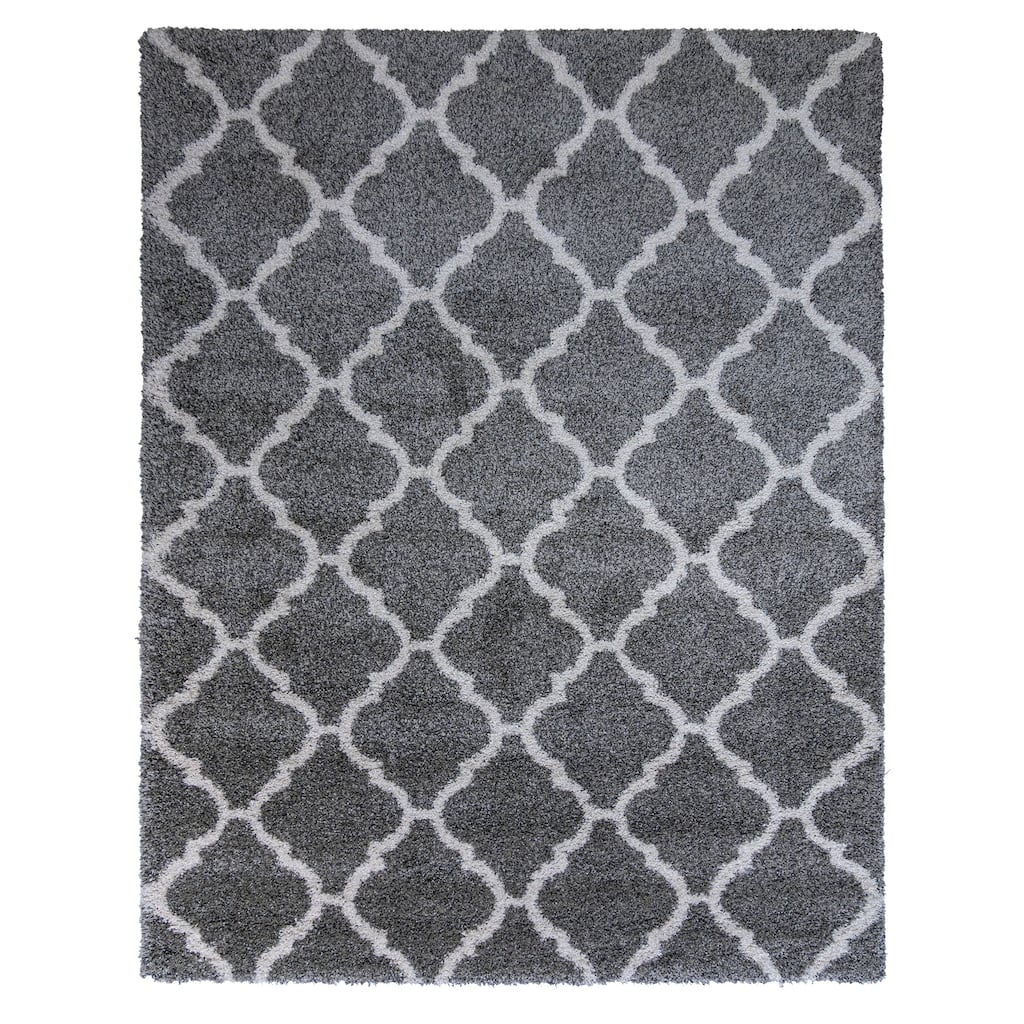Gertmenian Ultimate Shag Modern Moroccan Ogee Tile Grey/Ivory Plush Shag Area Rug