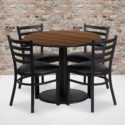 36'' Round Laminate Table Set with Round Base and 4 Ladder Back Metal Chairs