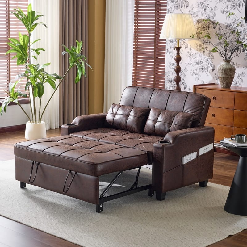 Upholstered Cat's Claw Leather Convertible Reclining Sleeper Sofa Bed With Cushions For Small Spaces