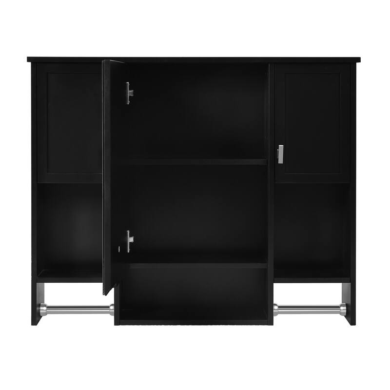 35'' x 28'' Modern Wall Mounted Bathroom Storage Cabinet with Mirror, 3 Doors, Adjustable Shelves, Towel Bar, Black