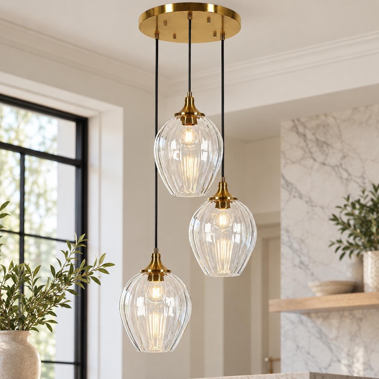Modern Gold 3-Light Cluster Chandelier Clear Textured Glass Pendant for Kitchen Island Foyer - 13.8" Dia. x 12.6"H