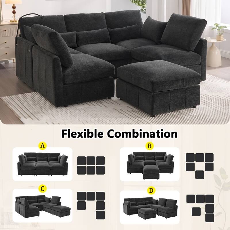 85.4" Modern U-shaped Modular Sectional Sofa with Movable Ottoman and Two USB Ports, Phone Holder