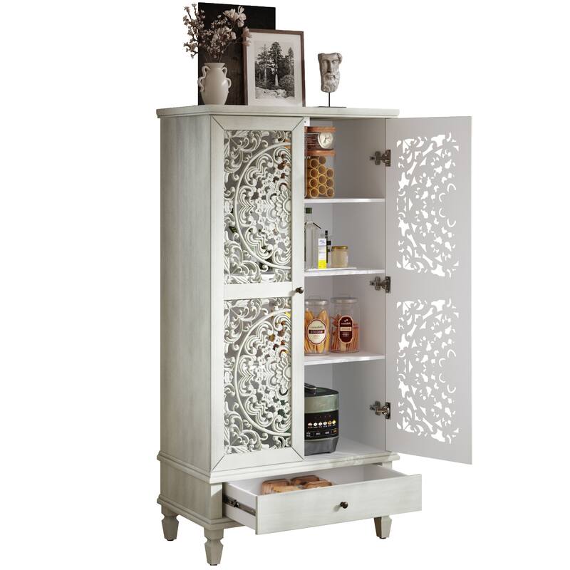 Roomfitters 55'' Tall Storage Cabinet, Carved Wood Accent Sideboard with Solid Wood Legs for Dining Room