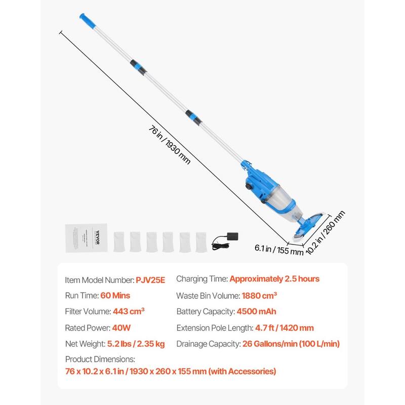 Cordless Rechargeable Pool Vacuum Cleaner 4000mAh Battery, 60 Min Runtime - 76.0 x 10.2 x 6.1 in