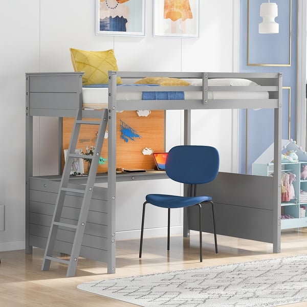 slide 2 of 25, Modern Versatility Full size Wooden Loft Bed with Desk and Writing Board, No Box Spring Required, Maximized space Grey