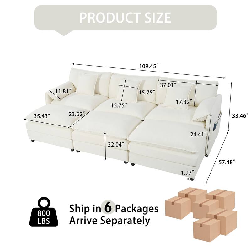 Modular Sleeper Sofa Bed Chenille 3 Seater Sectional Couch with 3 Ottomans, Thickened Seat Cushions and Side Pockets