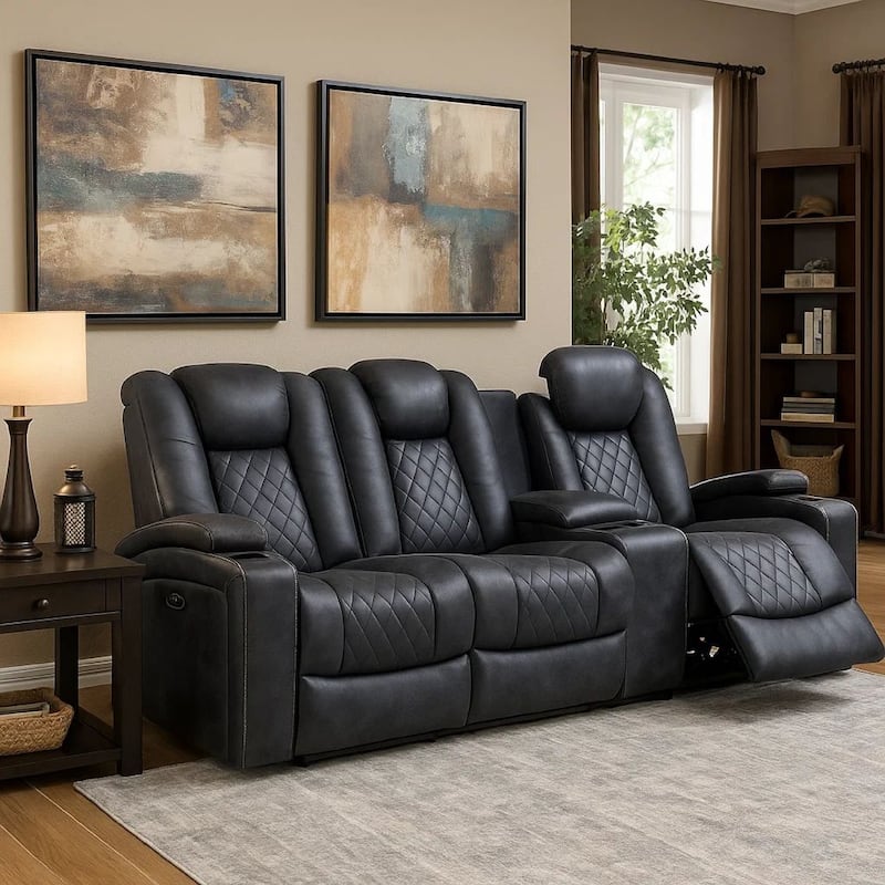 Elva 83 Inch Power Reclining Sofa, Storage Console, Blue Breathable Leather