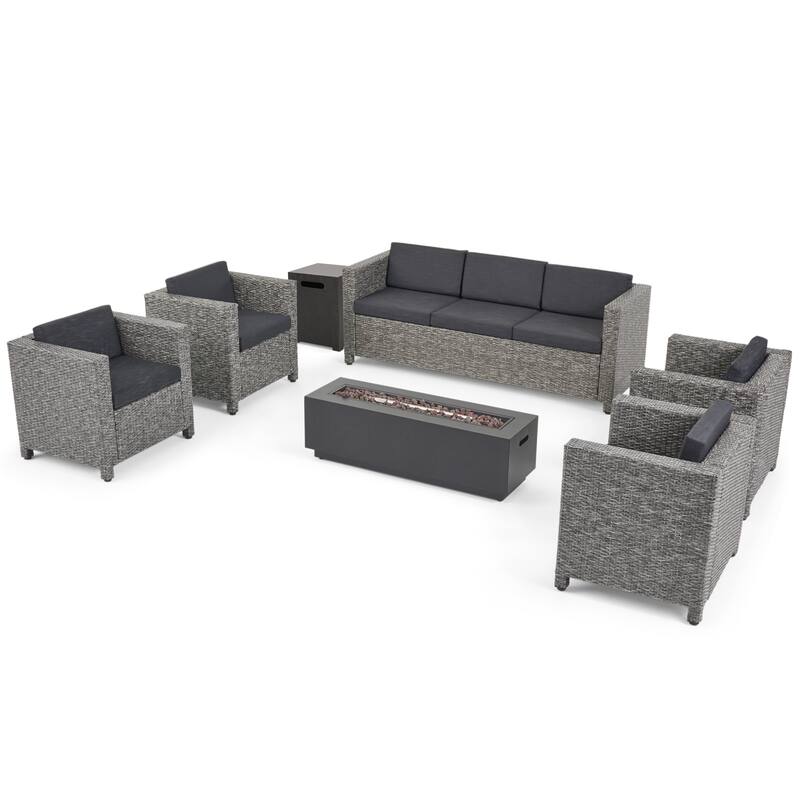 Hegseth Wicker/Iron 7-piece Chat Set with Fire Pit by Christopher Knight Home - Mix Black+Dark Gray Cushion