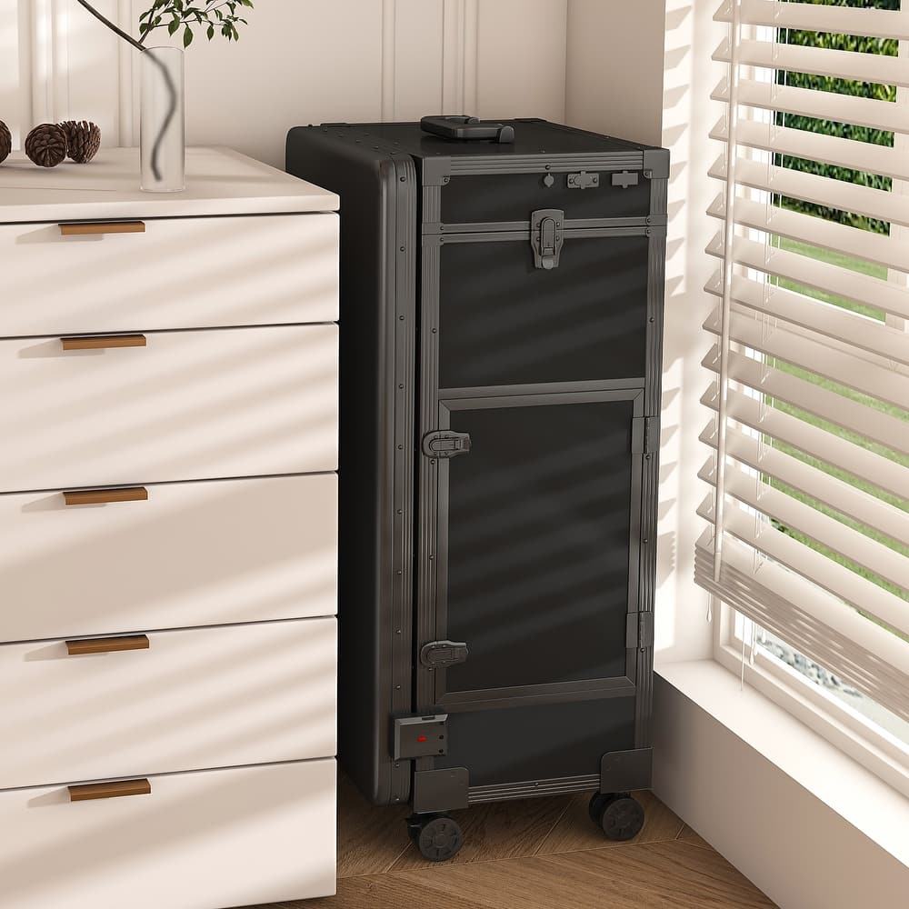 Roomfitters Portable Nail Table with LED Mirror, Lockable Drawers and Bluetooth, Folding Manicure Station on Wheels, Black