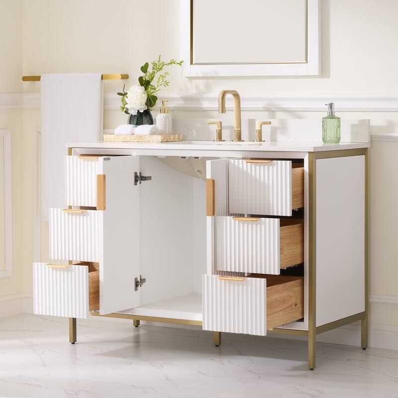 35''H Solid Wood Bathroom Vanity With Carrera White Quartz Top and Sink,White