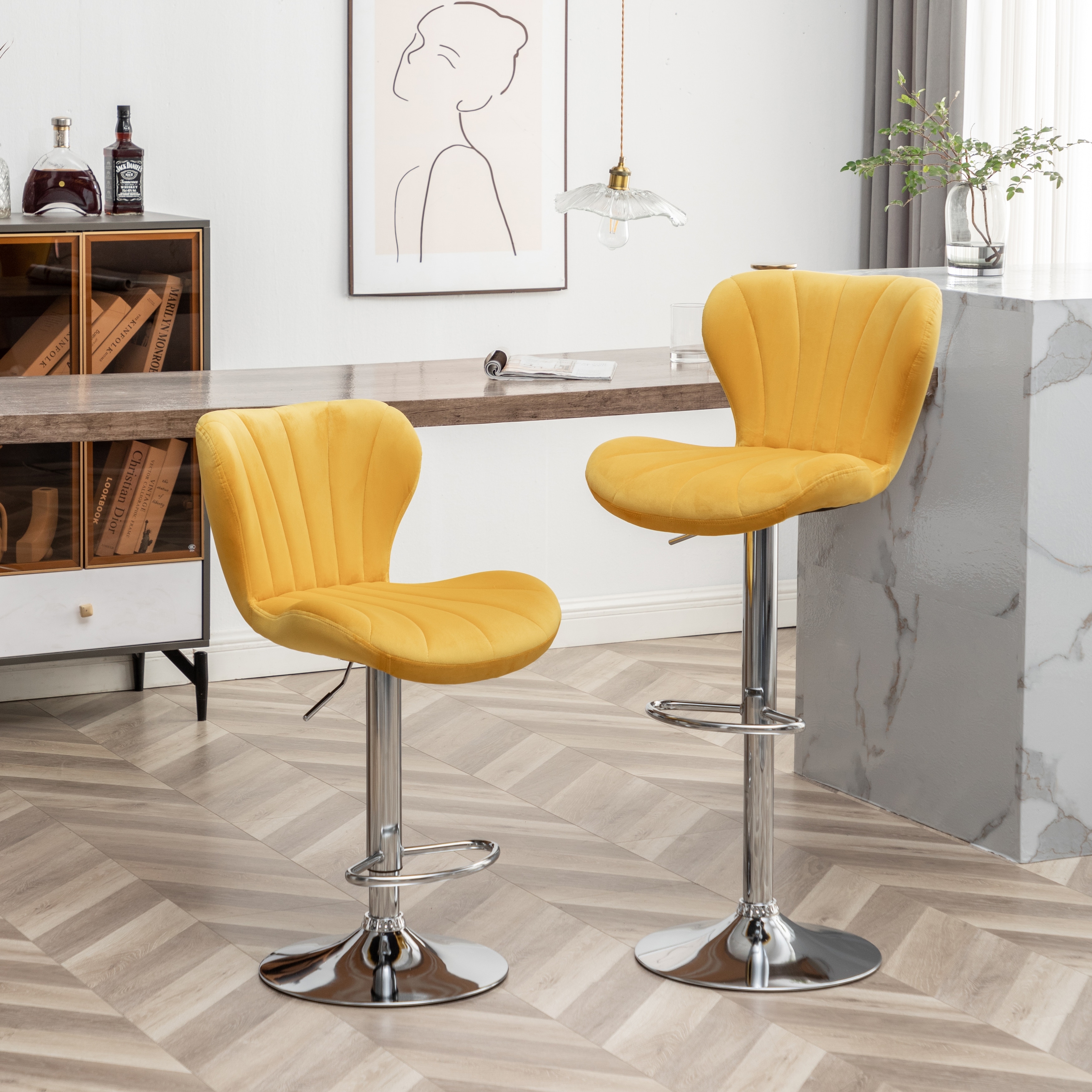 Roundhill Furniture Ellston Upholstered Adjustable Swivel Barstools, Set of 2