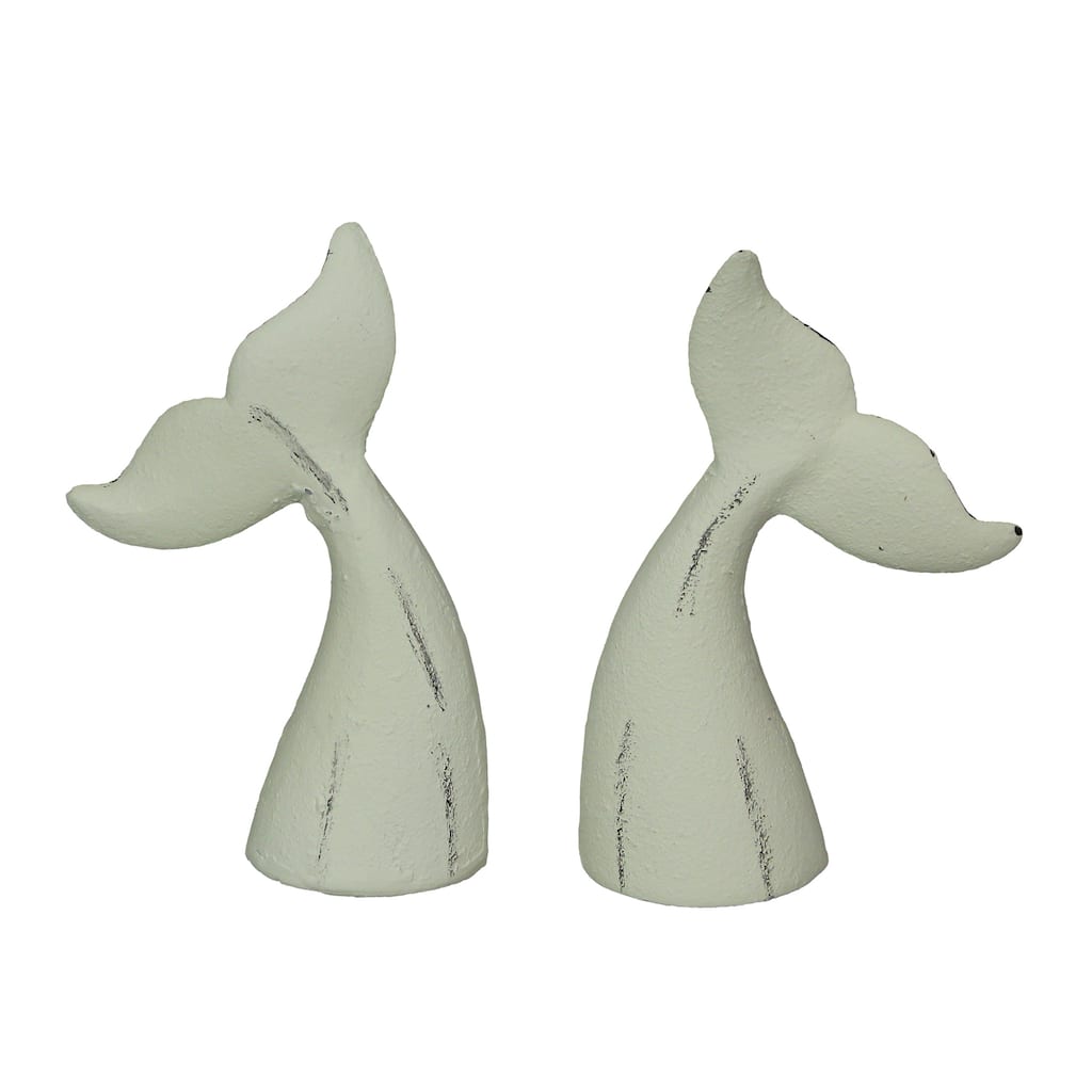 Zeckos White Cast Iron Whale Tail Bookends (Set Of 2 ) - 6.5 X 4 X 1.5 inches