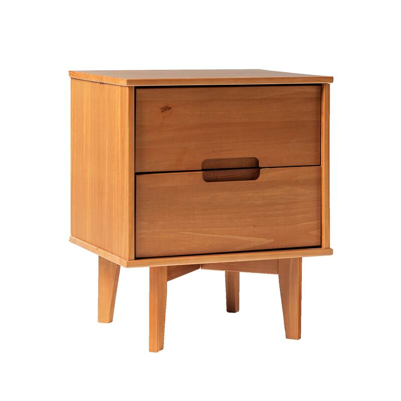 Mid-Century Modern Solid Wood Nightstand with Cutout Handles - Caramel