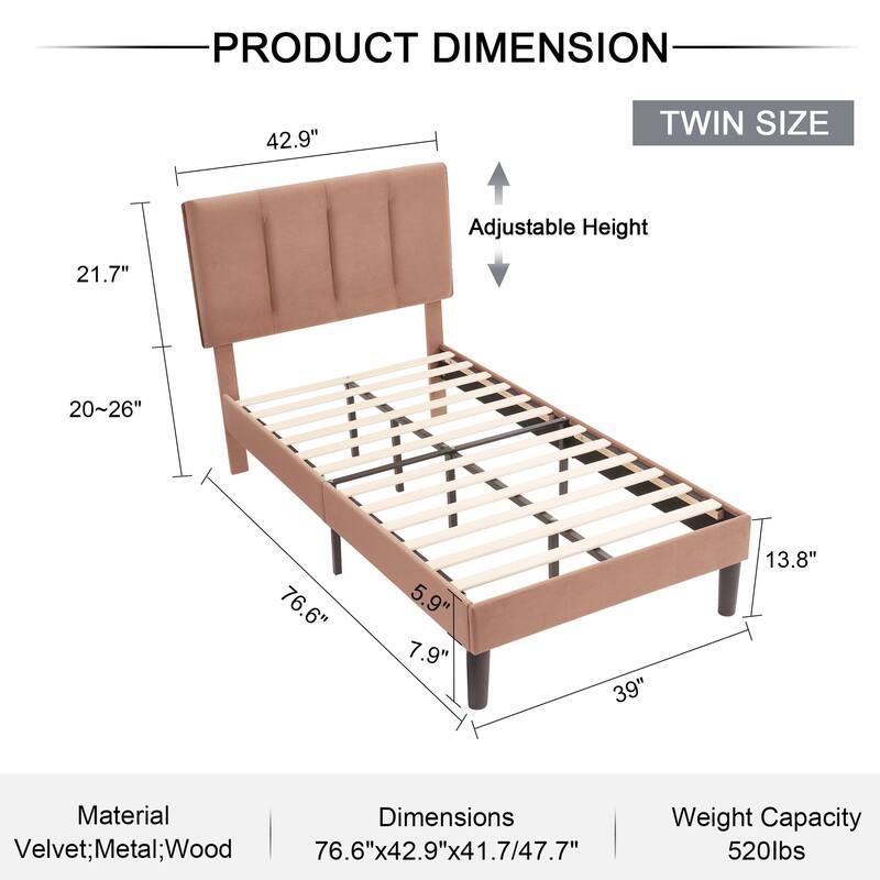 Javlergo Velvet Upholstered Platform Bed Frame with Adjustable Headboard