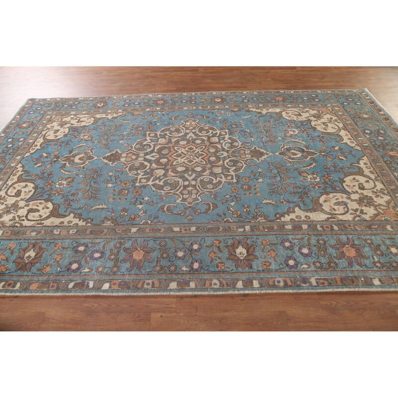 Over-Dyed Blue Tabriz Persian Vintage Rug Hand-Knotted Wool Carpet - 6'6"x 10'0"
