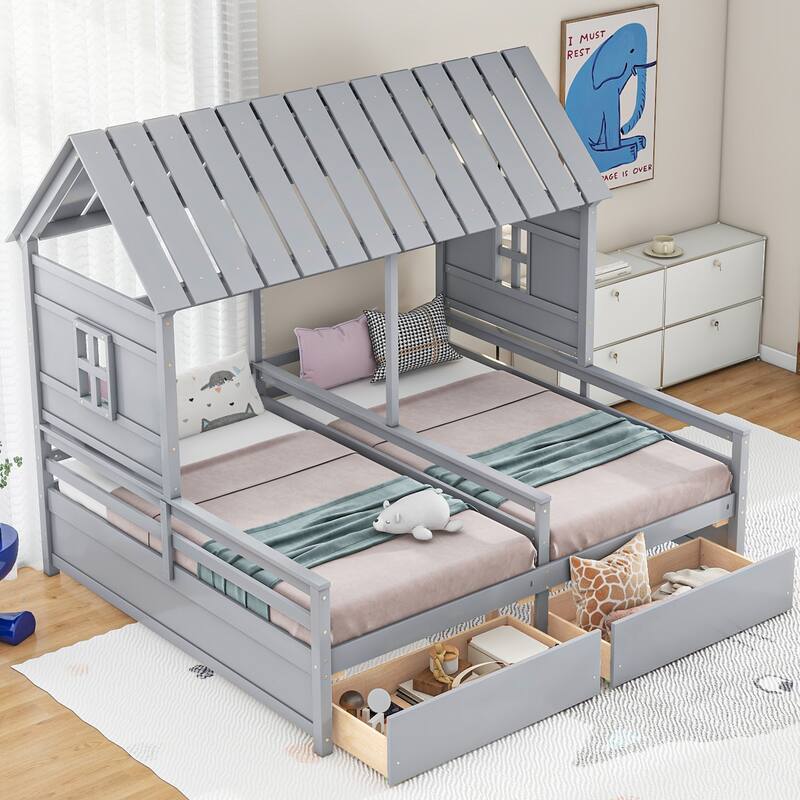 Wood Twin Size House Platform Beds with Two Storage Drawers, Roof Wooden Support Bed Frame, No Box Spring Needed for Boys - Gray