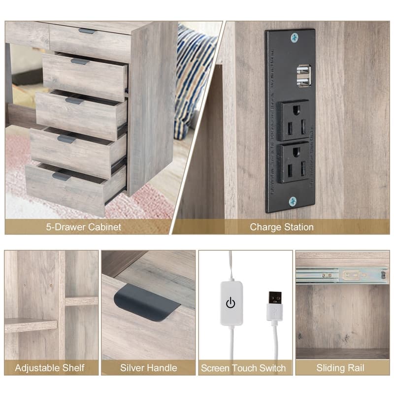 Mirror 6-Drawers Dressing Vanity Table with USB