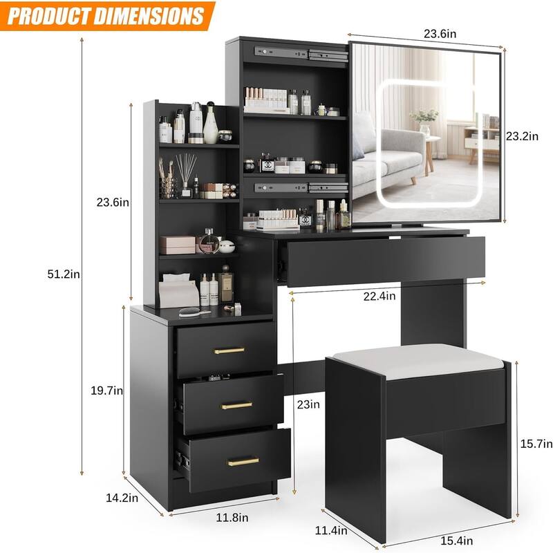 Vanity Desk with Mirror and LED Lights, Makeup Vanity Desk with Sliding Lighted Mirror