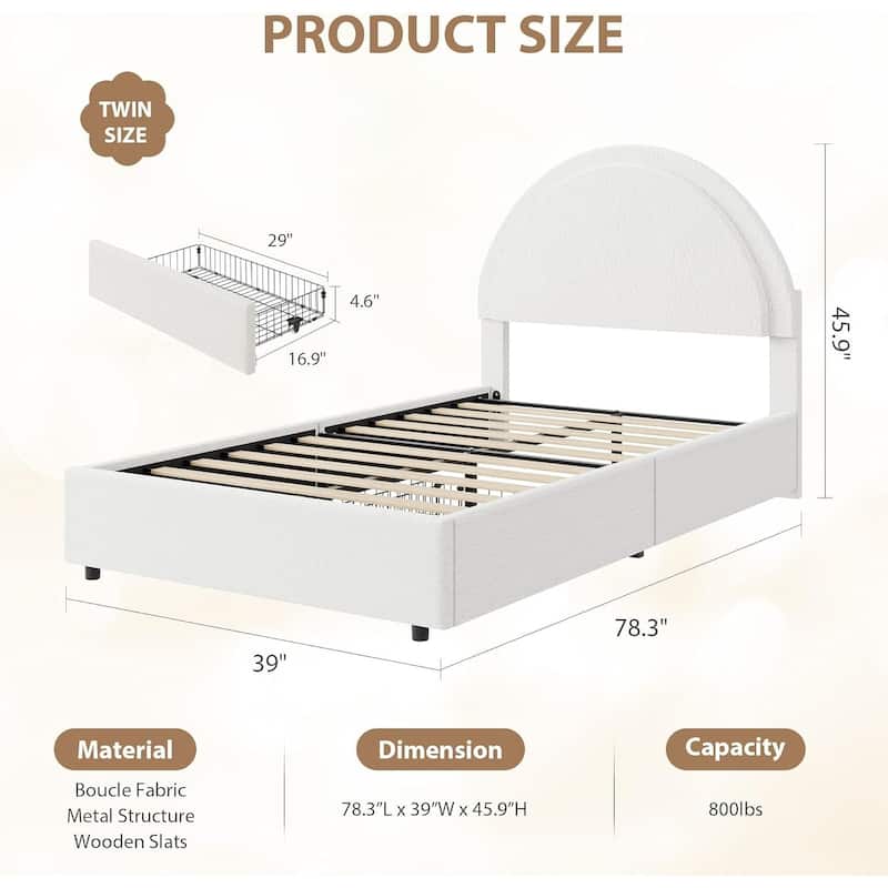 Boucle Upholstered Platform Bed Frame, with 2 Storage Drawers