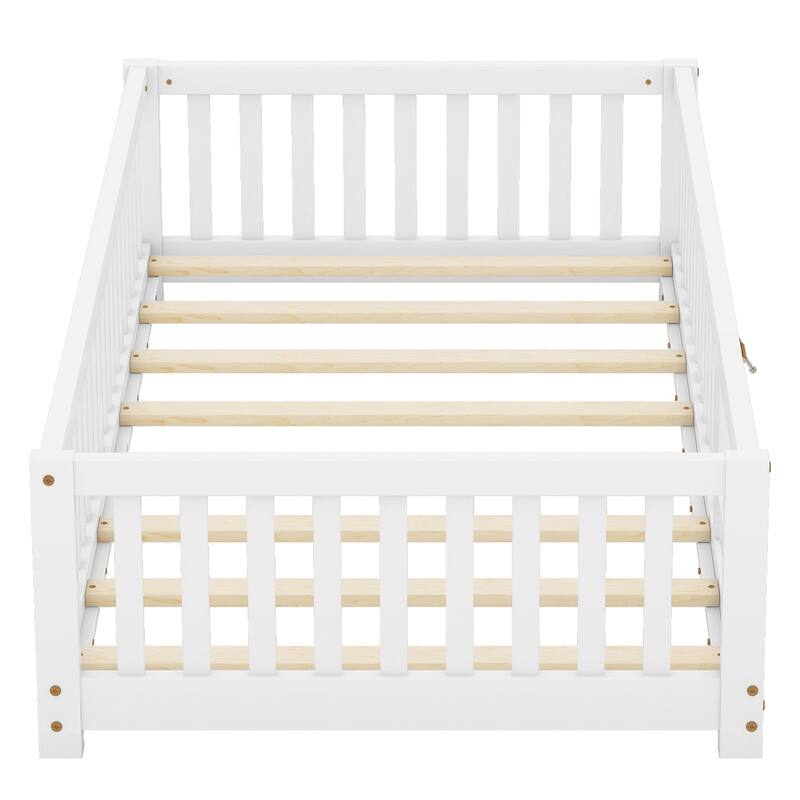 White Twin Size Pine Wood Floor Bed with Safety Guardrails and Door for Kids, Boys, Girls, Bedroom