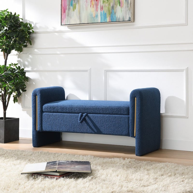 Bench with Arms and Storage,Upholstered Large Foot Rest Stool, Comfy Window Vanity Bench for Living Room,Bedroom,Dorm - Blue