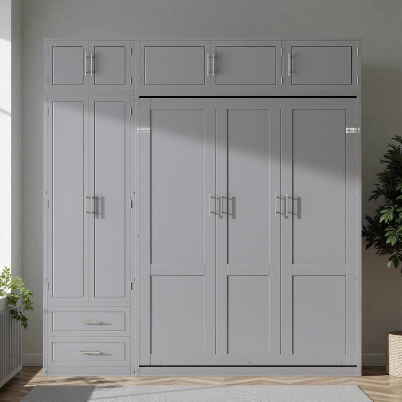 Queen Murphy Wall Bed with Top Cabinets, Shelves & Wardrobe, Space-Saving Foldable Bed with Storage