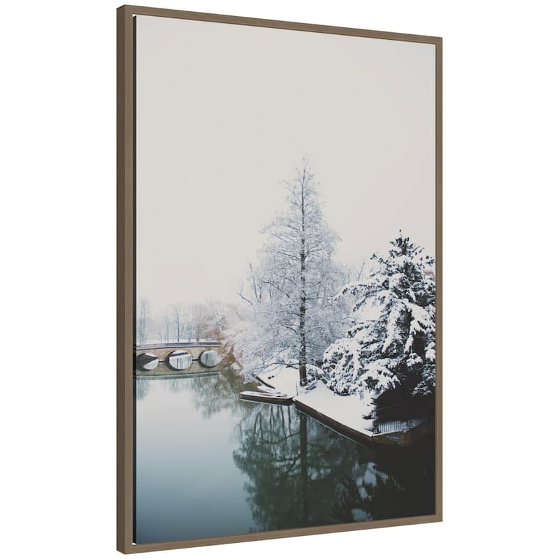 Kate and Laurel Sylvie Framed Canvas Winter Magic On The River Cam in Cambridge by Laura Evans - Gold