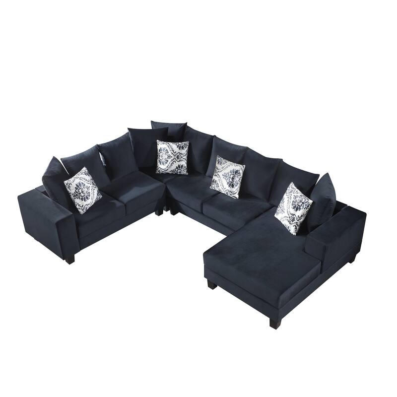 Black Velvet Recliner Sofa Set, U-shape Sectional Sofa w/ Chaise ...