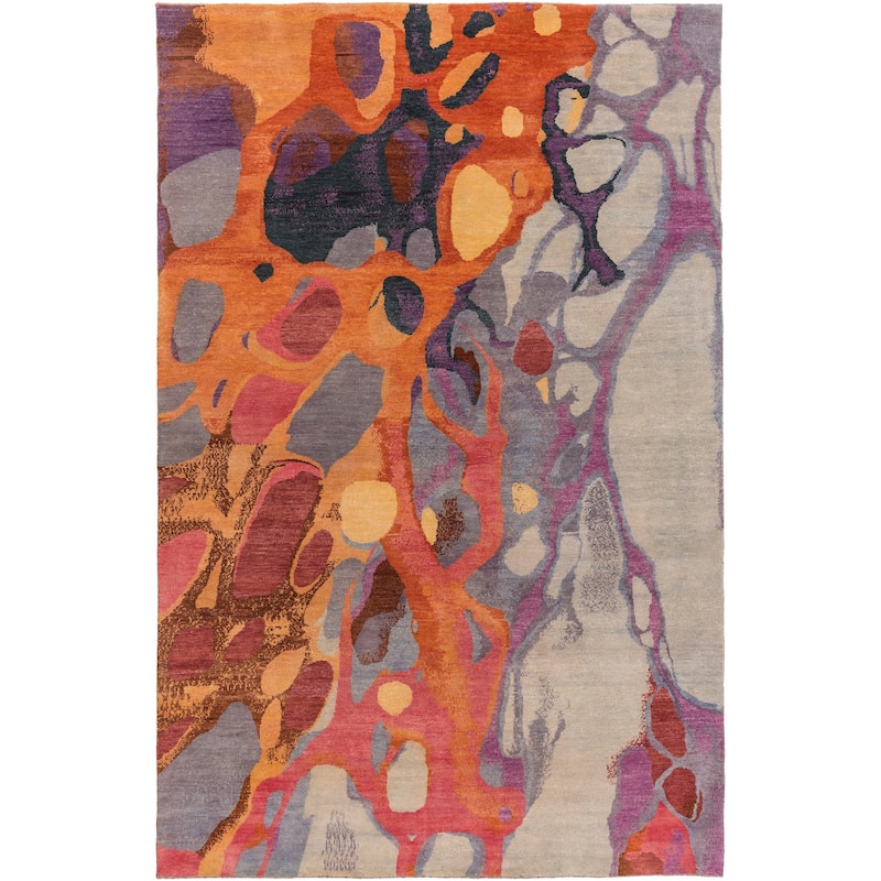 Hand Knotted Pool Wool Area Rug - 4' x 6' - 4' x 6' - Orange/Grey