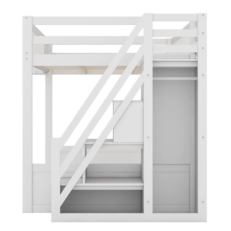 Queen Wooden Loft Bed with Storage Staircase Wardrobe, 2 Side Shelves, 3 Storage Shelves and Versatile Under-Bed Space