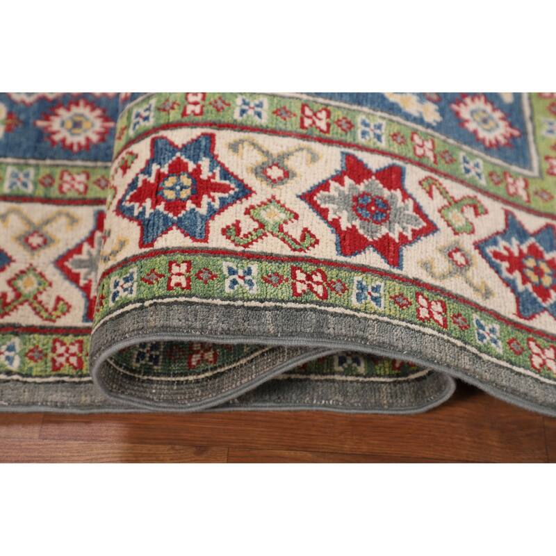 Geometric Kazak Rug Hand-Knotted Grey Wool Carpet - 4'11" x 6'9"