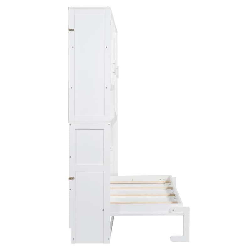Cube Wall Cabinet Bed Space Saving Murphy Bed Foldable Wooden Bed with Top Cabinet and Light & USB, Twin Size Storage Daybed