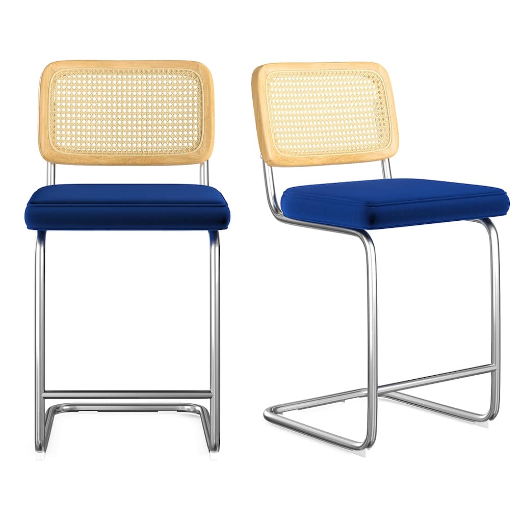 Counter Height Bar Stools Set of 2, Upholstered Velvet Barstools with Rattan Back, 24 inch Stools Armless Bar Chairs