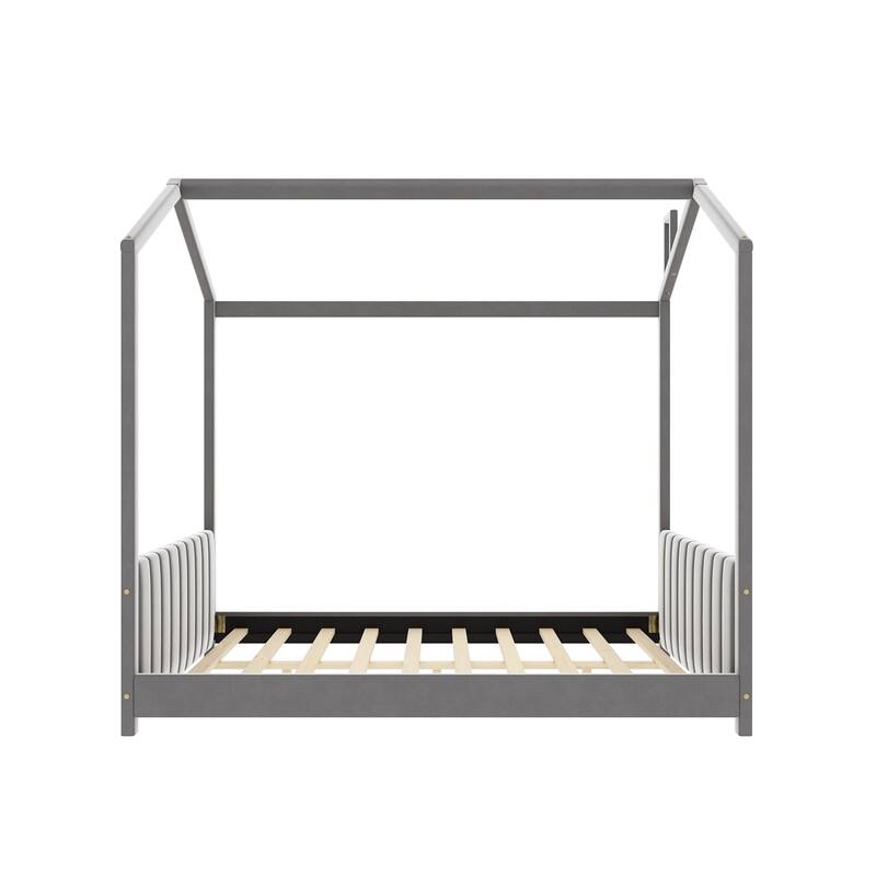 Modern Velvet Upholstered Playhouse Bed Frame with Wooden Slat Support