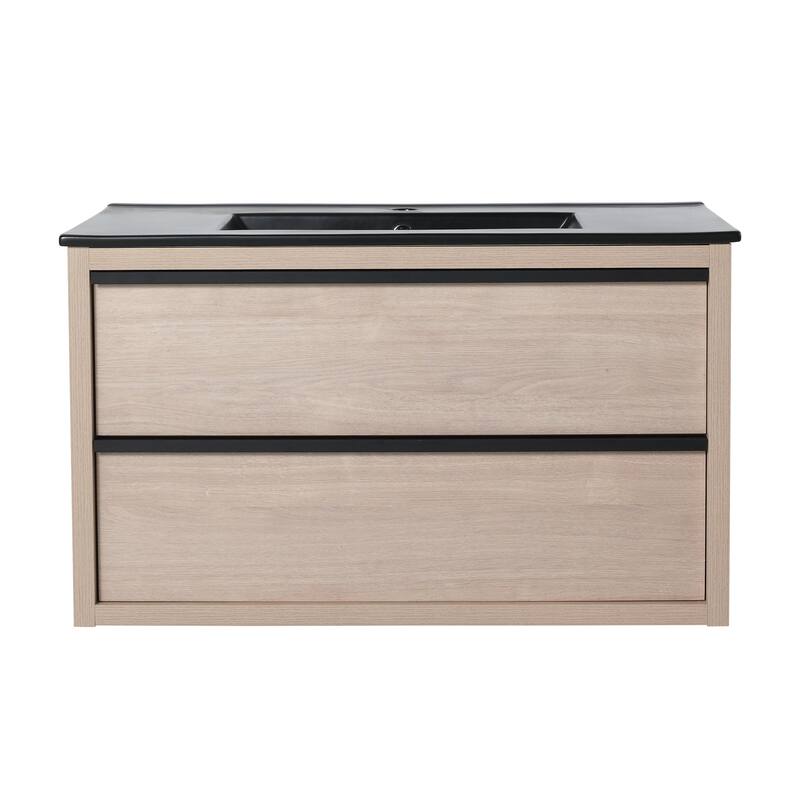 Wall-Mounted Plywood Bathroom Vanity Set in Plain Light Oak with Integrated Sink