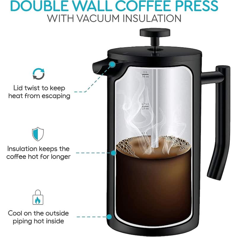 French Press Coffee Maker – Insulated Coffee Press Stainless Steel 304 – Coffee Spoon, Double Wall, & 4 Level Filtration System