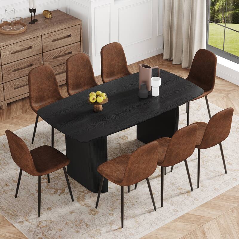 9-Piece Dining Table Set. 67 * 35.4 inch black wood grain MDF dining table With 8 Comfortable Technology-Fabric Chairs