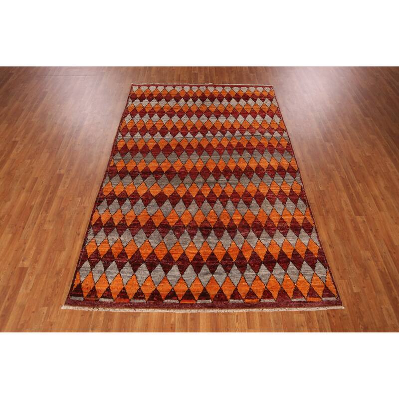 Orange Trellis Moroccan Oriental Area Rug Hand-Knotted Wool Carpet - 6'4" x 9'9"