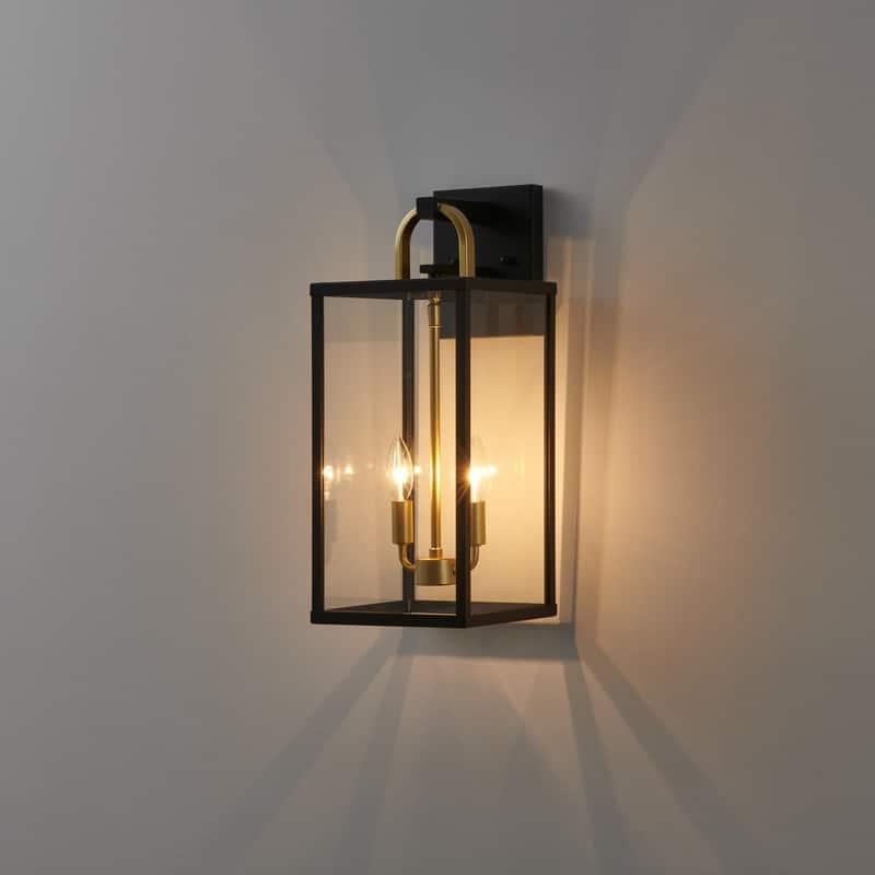 KAWOTI 2-Light Black & Gold Outdoor Lantern Wall Light - W8.25" x H20" x D9.5"