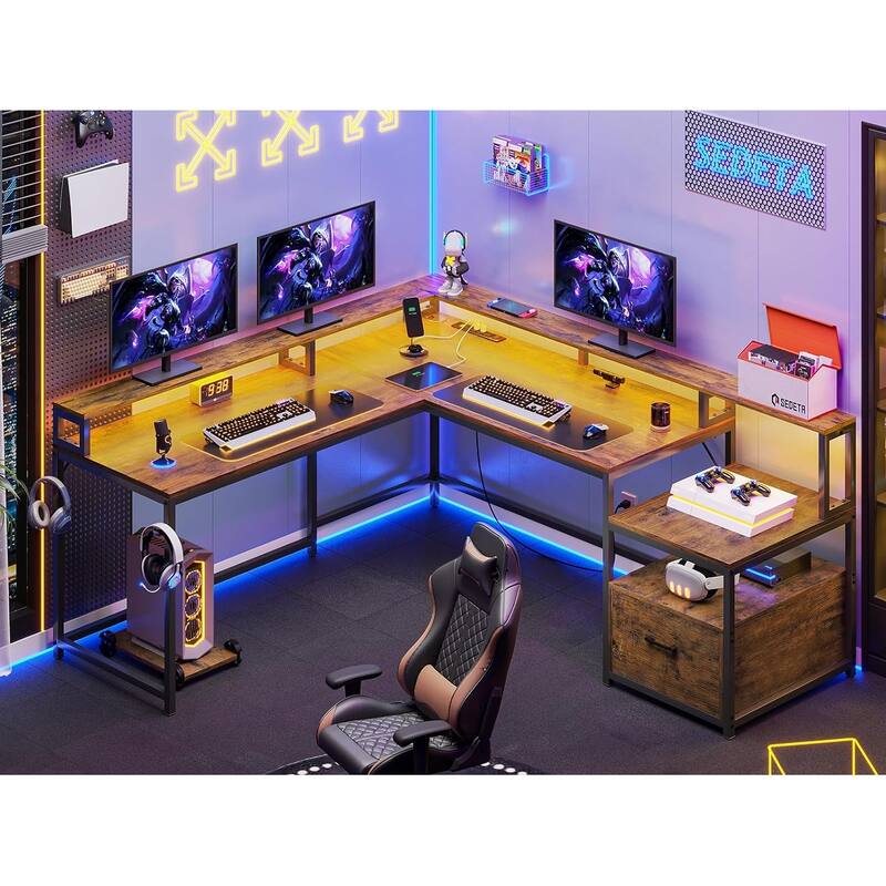 L Shaped Home Office Desk Computer desk File Drawer Power Outlet