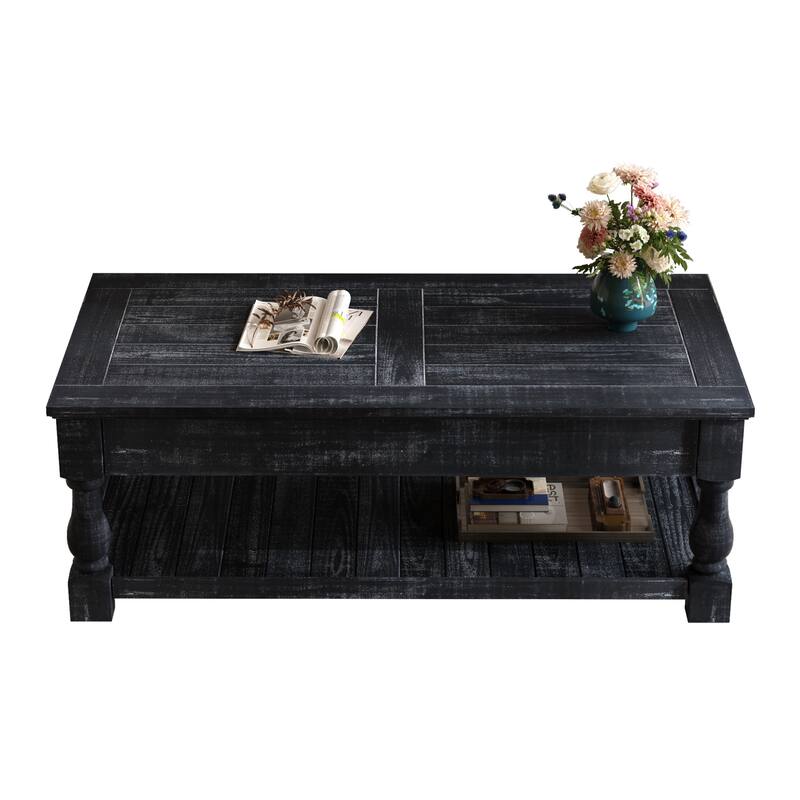 Roomfitters Farmhouse Lift Top Coffee Table, Wood Center Table with 3 Storage Trays and Lower Shelf, Antique Black