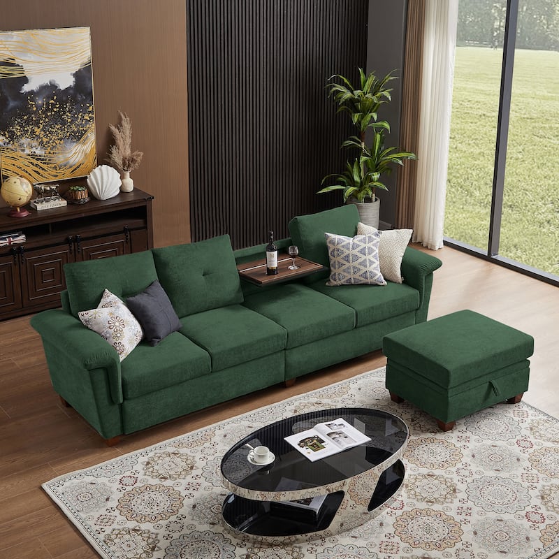 109" Modern 4 Seaters Towelling Sectional Sofa with Hidden Coffee Table Adjustable Headrest and Large Storage Space