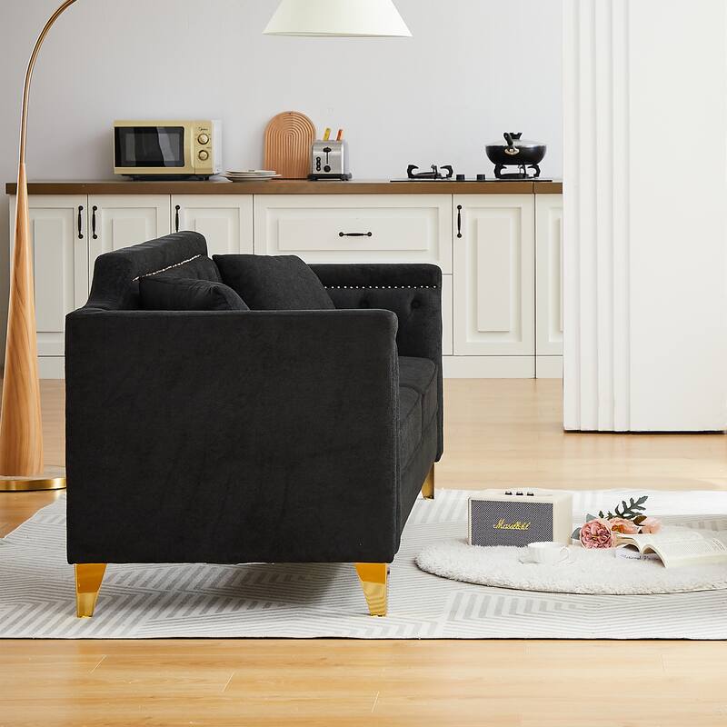 Chenille Fabric Sofa with Gold Metal Legs, Button Tufting, and Brass Nail Detail