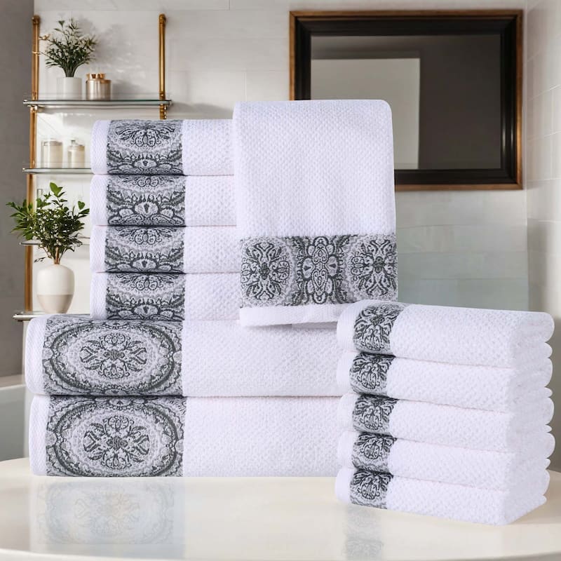 Superior Medallion Cotton Jacquard Texture 12 Piece Assorted Towel Set - White-Grey