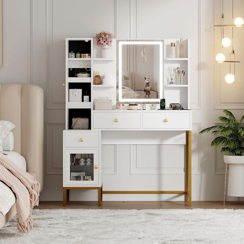Modern Makeup Vanity Table with Charging Station,3 Drawers and Open Shelves - White