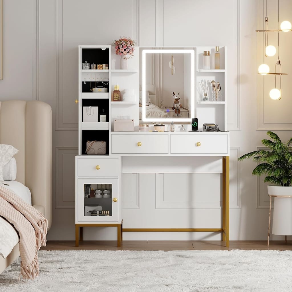 Modern Makeup Vanity Table with Charging Station,3 Drawers and Open Shelves