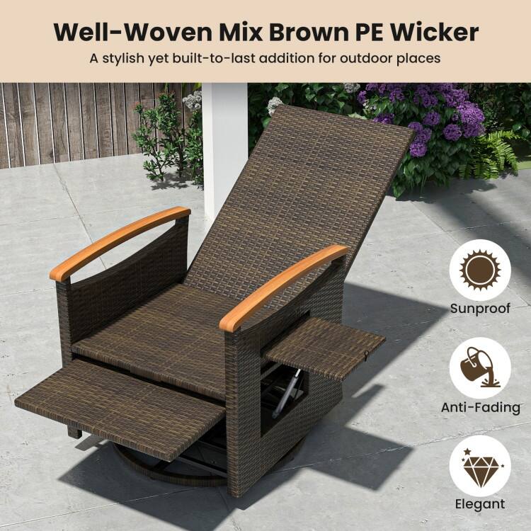 Patio Rattan 360° Swivel Recliner Chair with Adjustable Backrest and Footrest - 31”-54” x 32.5” x 41.5”-31” (L x W x H)