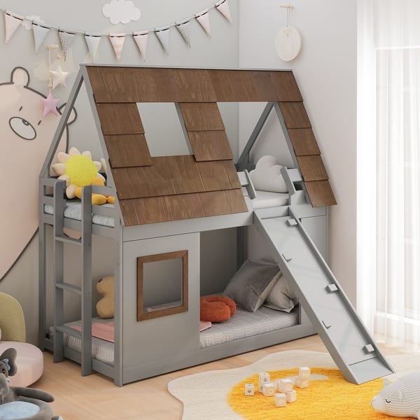 Cozy and Fun Wood Twin Size House Bunk Bed with Window Roof Shape ...