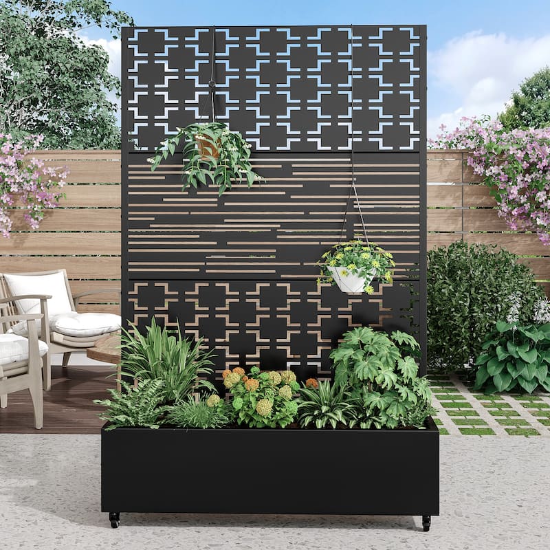 Metal Movable Planter Box with Trellis Privacy Screen Planter Box with Lockable Wheels - Black
