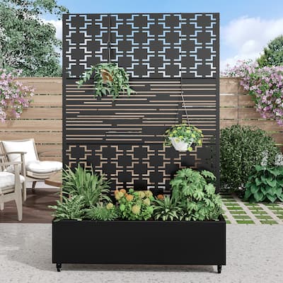 Metal Movable Planter Box with Trellis Privacy Screen Planter Box with Lockable Wheels